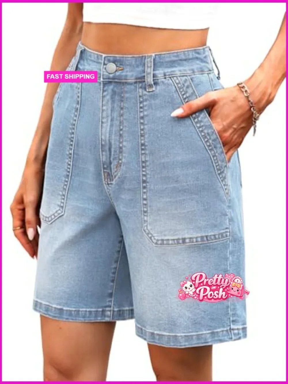 Denim Bermuda Shorts Elastic Waist Stretchy Jean Long Jorts with Pockets